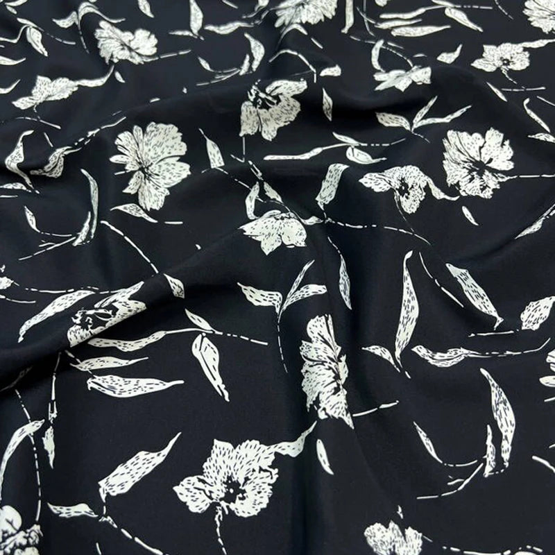 140CM Wide 18MM Silk Crepe de Chine Fabric Stretch-White Floral Painting on Black Printed Design for Thin Pants Dress DIY Sewing Material D1596