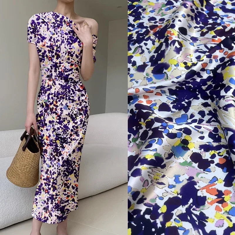 Printed Elastic Silk Satin Fabric for Summer Dress Clothes Cheongsam,118CM Wide 19MM, 93% Silk & 7% Spandex,DIY Sewing Material D1265