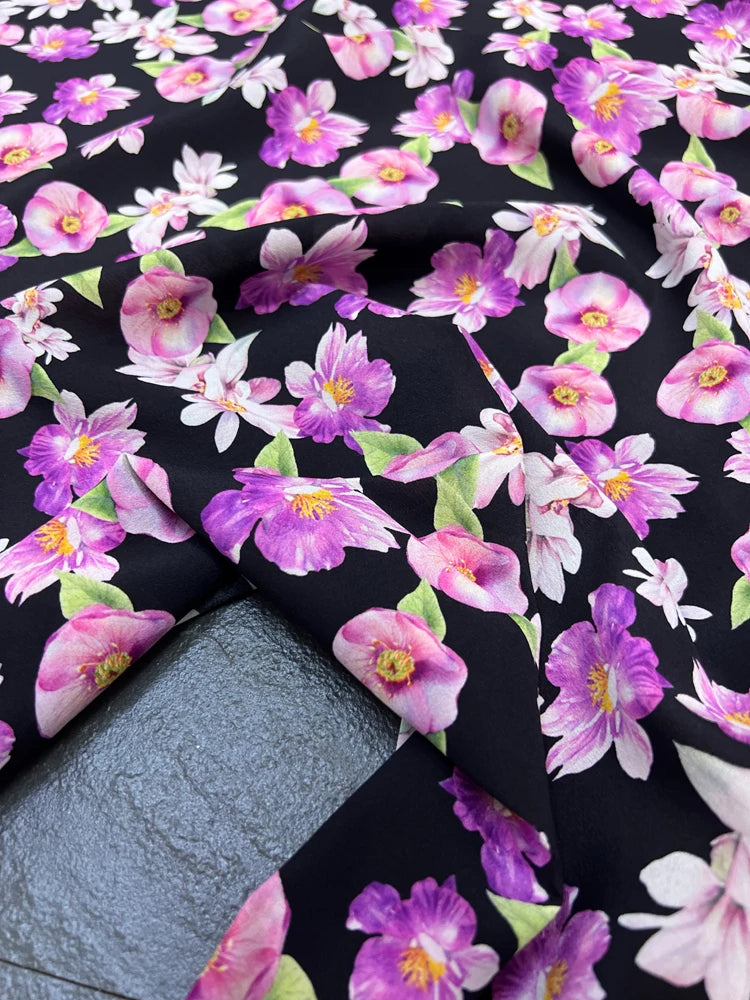 140CM Wide 18MM Silk Crepe de Chine Fabric,Stretch Silk Fabric for Thin Cheongsam Pants Dress Purple Floral on Black,DIY Sewing Material D1689