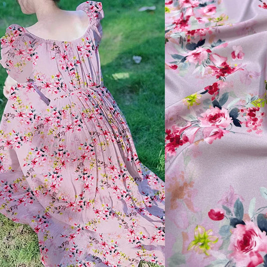Mulberry Silk Spandex Fabric 55'' Width 18m/m Thin Silk Crepe de Chine Fabric by 1 Yard for Soft Comfortable Pajamas,Shirt,Dress or DIY Crafts Red Floral on Pink Printed Material for DIY Sewing D1509