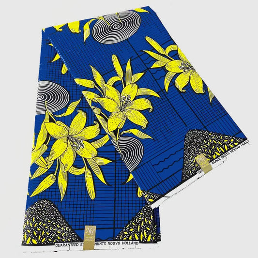 Yellow Floral Printed on Blue African Wax Fabric,6 Yards Long,100%Cotton DIY Sewing Batik Material for Summer Clothing Sofa R936