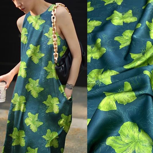 Exclusive Silk Spandex Fabric by Yard with Green Lilies Print on Blue-55'' Wide - Perfect for Dress, Cheongsam and Scarves 19MM Thickness DIY Sewing Silk Fabric Material D1383