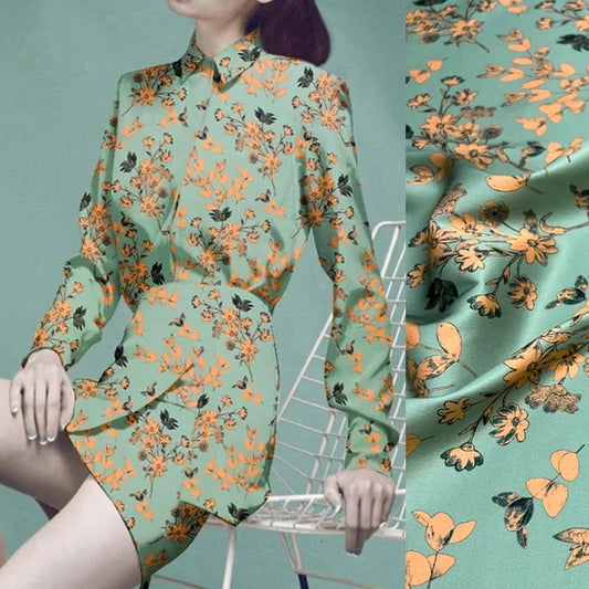 45'' Wide 16.5MM Thin Silk Crepe Plain Fabric for Summer Spring Yellow Floral Print Green Dress Shirt Cheongsam Fabric Material DIY Sewing Fabric by YardD1264