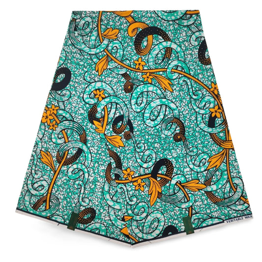 6 Yards Long DIY Sewing and Crafting African Wax Fabric,Green Blue Batik Cotton Fabric with Plants Prints,24x24Yarns R1015
