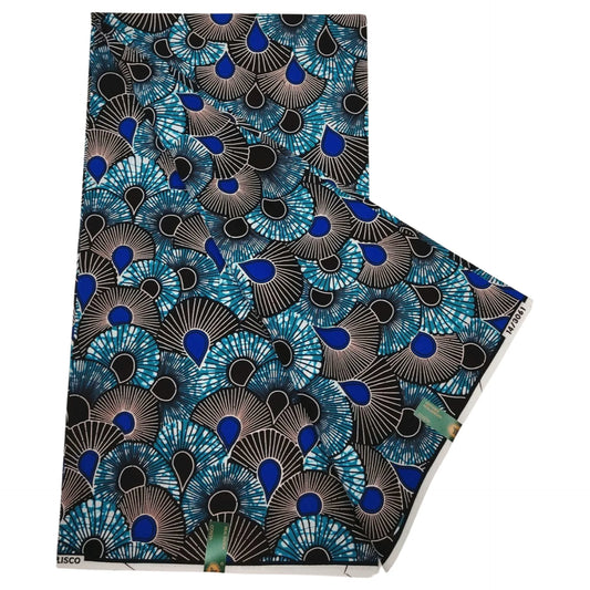 Gray Fans Printed Blue Cotton African Wax Batik Fabric for DIY Sewing Cushion Sofa Upholstery Summer Clothes,6 Yards Long R1249