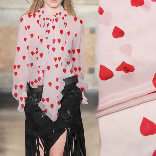 43.3'' Wide 12MM Thin Silk Crepe de Chine Fabric for DIY Sewing Summer Pink Dress Pants Pajamas with Red Heart Print R1833