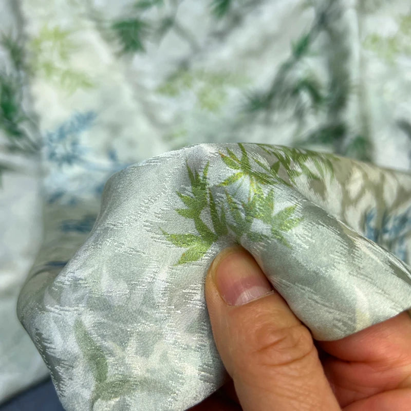Jacquard Silk Fabric-45'' Width,17MM Thick, Thin Fabric for Summer Dresses Pants Blue Green Bamboo Print Fabric-DIY Sewing Material D1546