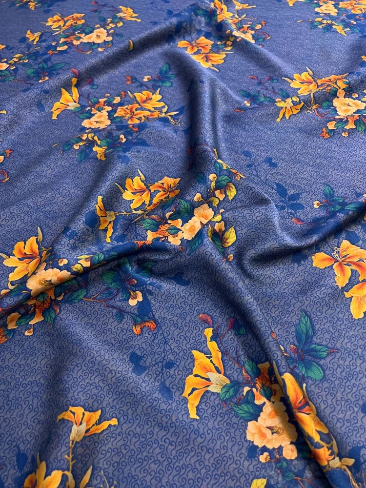 Elegant 25MM Silk & Spandex Fabric by Yard for Dress Cheongsam - Wide 47'', Yellow Floral Print DIY Sewing Silk Material D1255