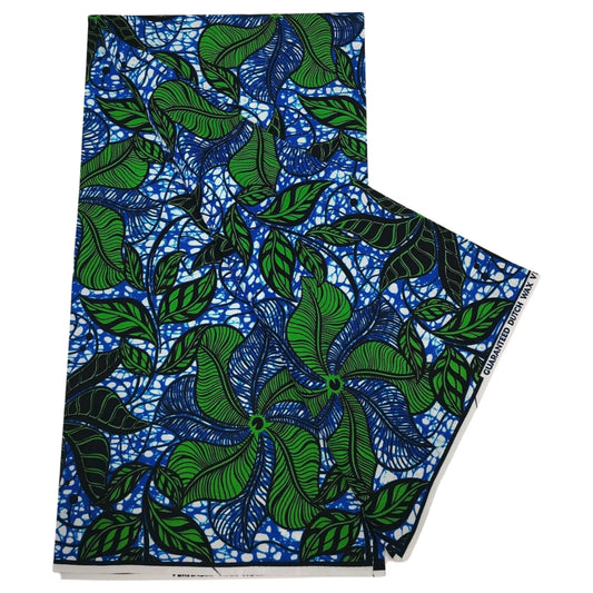 Green Leave Printed Blue African Wax Batik Fabric- 6 Yards Long Cotton Sewing Material for DIY Cushion Sofa Clothes Pants R1267