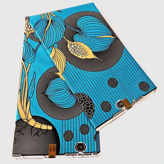 Plants Print Blue African Style Cotton Wax Batik Fabric,6 Yards Long 115CM Wide,Material for DIY Sewing Summer Spring Clothing R916