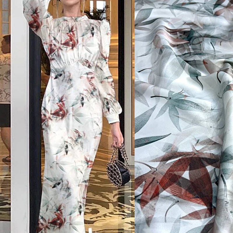 Silk Satin Fabric with Bamboo Printed Design-140CM Width,20MM Thick,Stretch Soft Comfortable Fabric for Summer Dress Pants D1624