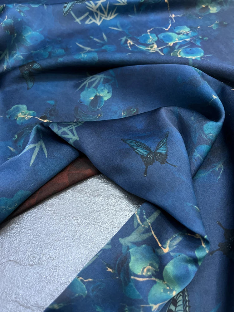 Stretch Gambiered Gauze Silk Fabric with Magic Blue Floral Printed Design for Cheongsam Horse Face Skrit Dress,47'' Wide 25MM,DIY Sewing Material E1559