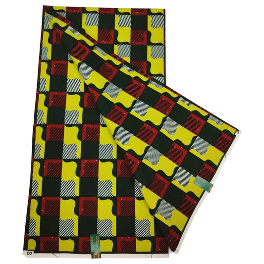 African Wax Batik Fabric with Yellow Black Red Print - 6 Yards Long Cotton Sewing Material for DIY Cushion Sofa Clothing R1263