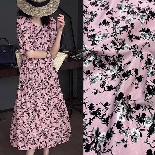 55" Width Silk Spandex Fabric Black Floral Printed Thin Pink Silk Crepe de Chine Fabric by The Yard for Sewing Clothes DIY Crafts Sewing D1300