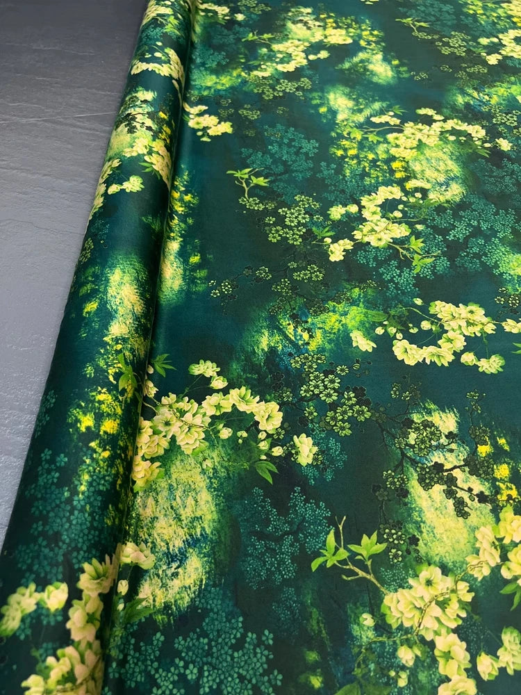 Luxurious 47'' Wide 25MM Thickness Silk Spandex Fabric by Yard with Green Plants Print - Perfect for Dress & Cheongsam DIY Sewing Silk Fabric Material - D1251
