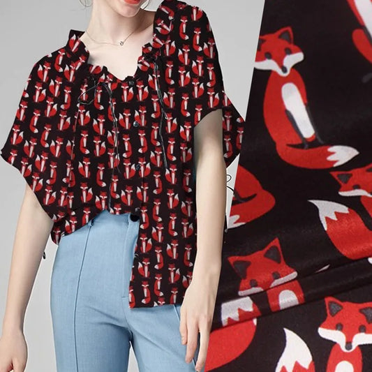43.3'' Wide 12MM Cute Fox Printed on Black Thin Silk Crepe de Chine Fabric for DIY Sewing Summer Dress Pants Pajamas R1854