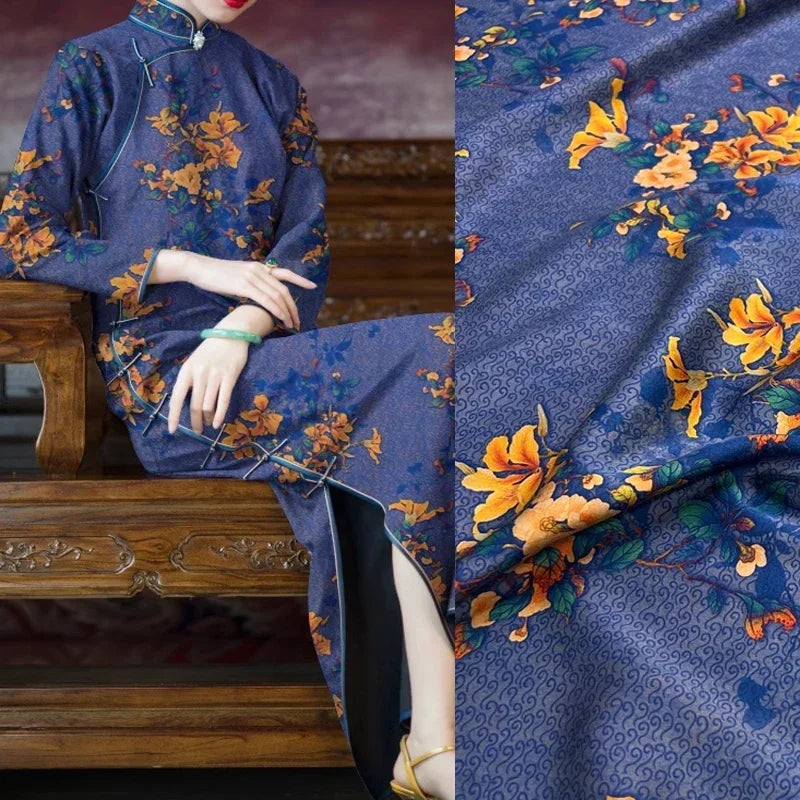 Elegant 25MM Silk & Spandex Fabric by Yard for Dress Cheongsam - Wide 47'', Yellow Floral Print DIY Sewing Silk Material D1255