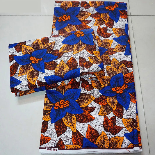 6Yards Long African Wax Fabric with Blue Orange Leaves Printed,Cotton Batik Material for Spring Summer Clothing Curtains R900