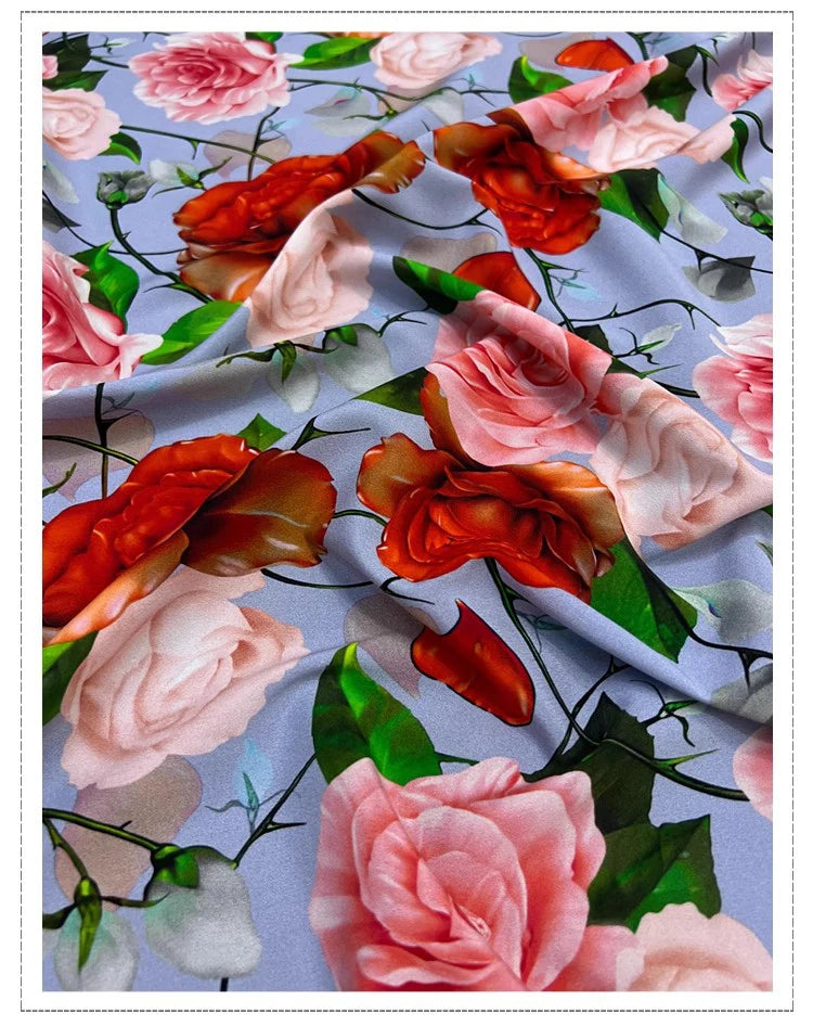 18 Momme 55''Width Silk Crepe de Chine Fabric for Sewing Blouse,Dresses,Pajamas DIY Crafts,Stretch Silk Spandex Soft Thin Material(Gorgeous Rose Printed,1yards) D1304