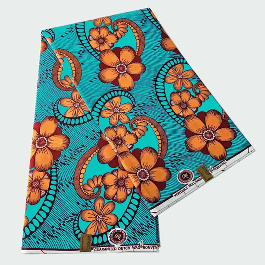 Vibrant Orange Floral Print Water Blue African Wax Batik Fabric for Clothes Cushions Summer DIY Sewing Material-6 Yards R1109