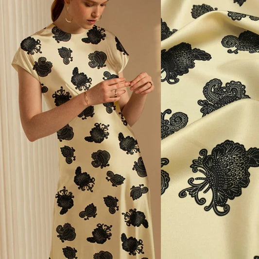 55'' Wide 19MM Print 93% Silk 7% Spandex Stretch Light Yellow Silk Fabric by Yard Blouse Dress Cheongsam Scarf DIY Sewing Material D1123