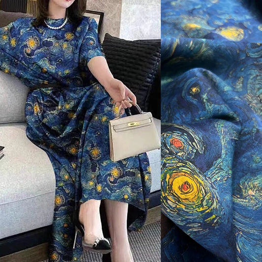 Famous Painting Print Gambiered Guangdong Silk Fabric Material for diy Sewing Blue Cheongsam Dress Blouse-47'' Wide 25MM Thickness Stretch Fabric R390