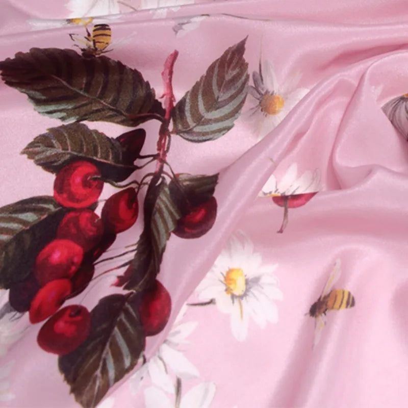 42.5'' Wide 12MM Thin Silk Crepe de Chine Fabric with Bee and Cherry Print for DIY Sewing Summer Pink Dress Pants Pajamas R1852
