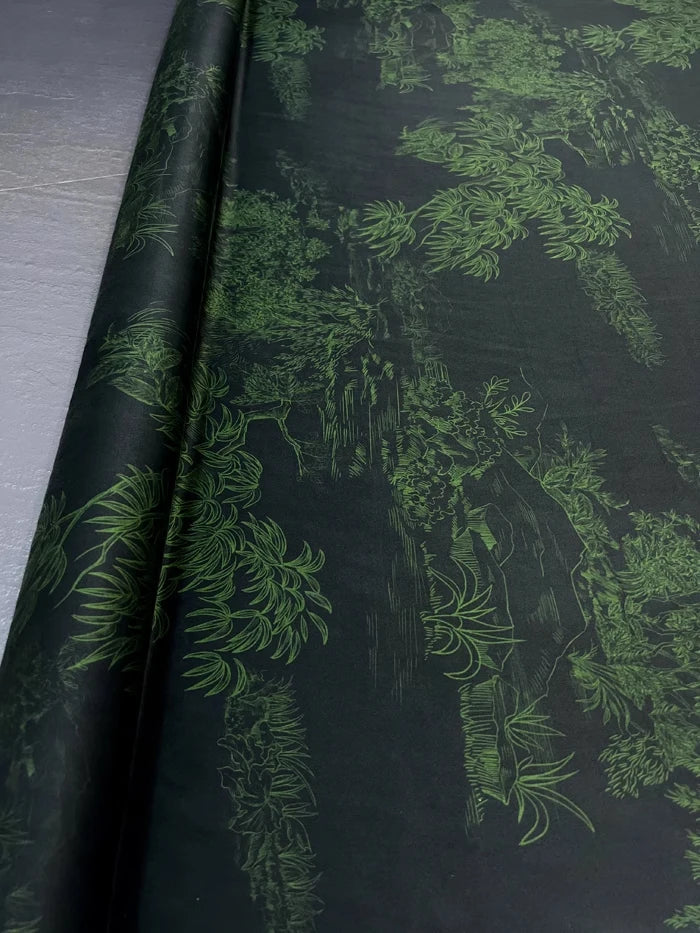 Trees Print Black Green Stretch Silk Fabric - Wide 47'' - Ideal for Dress & Cheongsam - High-Quality 25MM Heavy Silk Fabric Sewing Material D1261