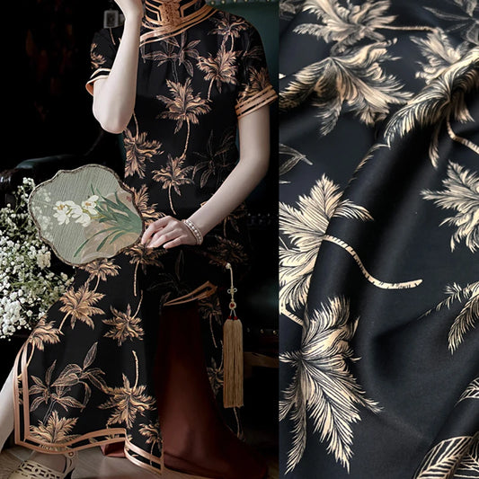 47'' Wide 25MM Thick Gambiered Gauze Silk Fabric with Coconut Trees on Black Printed Design for Cheongsam Horse Face Skrit Dress DIY Sewing Material by Yard E1569