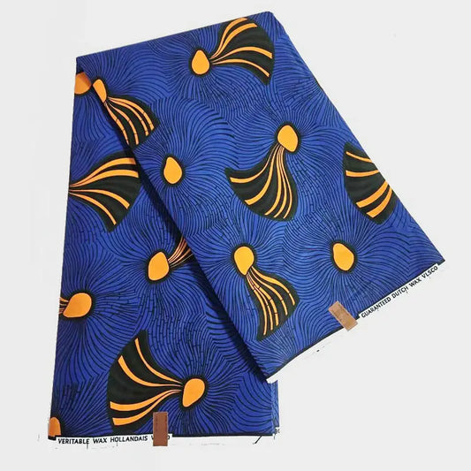 Yellow Printed on Blue 115CM Wide 24*24Yarns African Wax Batik Cotton Fabric for Sewing Spring Summer Dress Clothes Pants Cushions DIY R775