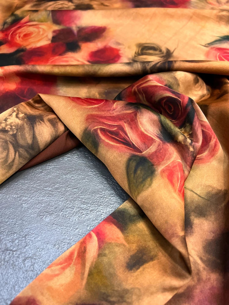 Stretch Gambiered Gauze Silk Fabric with Red Rose Printed Design for Cheongsam Horse Face Skrit Dress Pants 47'' Wide 25MM Thick,DIY Sewing Material E1563