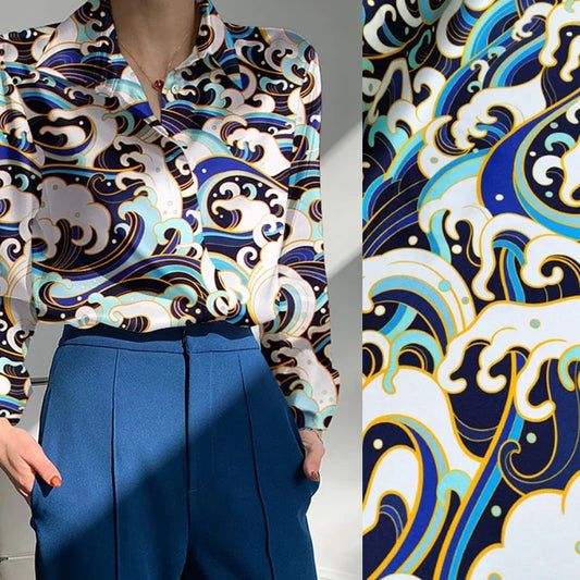 120CM Wide 19MM Blue Wave Print 93% Silk 7% Spandex Stretch Silk Satin Fabric for Smooth Dress Cheongsam,DIY Sewing Material D1156