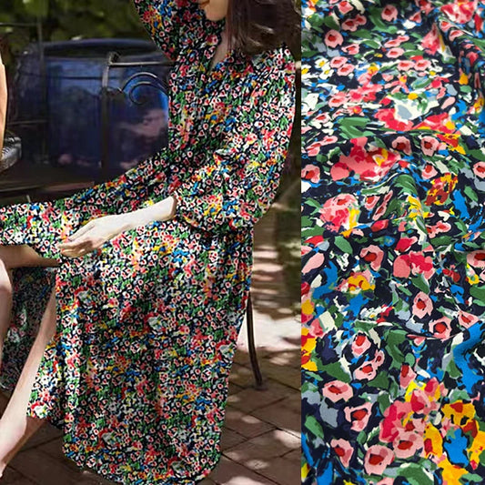 Colorful Floral Print Silk Crepe de Chine Fabric for Beautiful Summer Dress,140CM Wide,18MM,Silk & Spandex Stretch Fabric,DIY Sewing Material D1474