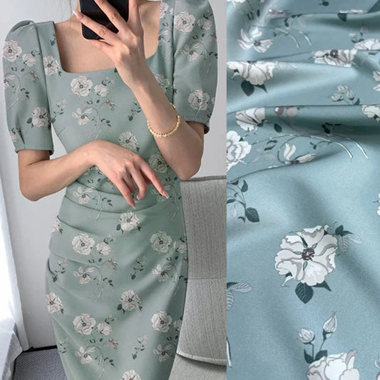 47'' Wide 20MM Thickness Stretch White Floral Printed on Gray Blue Twill Silk Fabric for Sewing Summer Spring Plants Blouse Dress Cheongsam DIY Sewing Material D1166