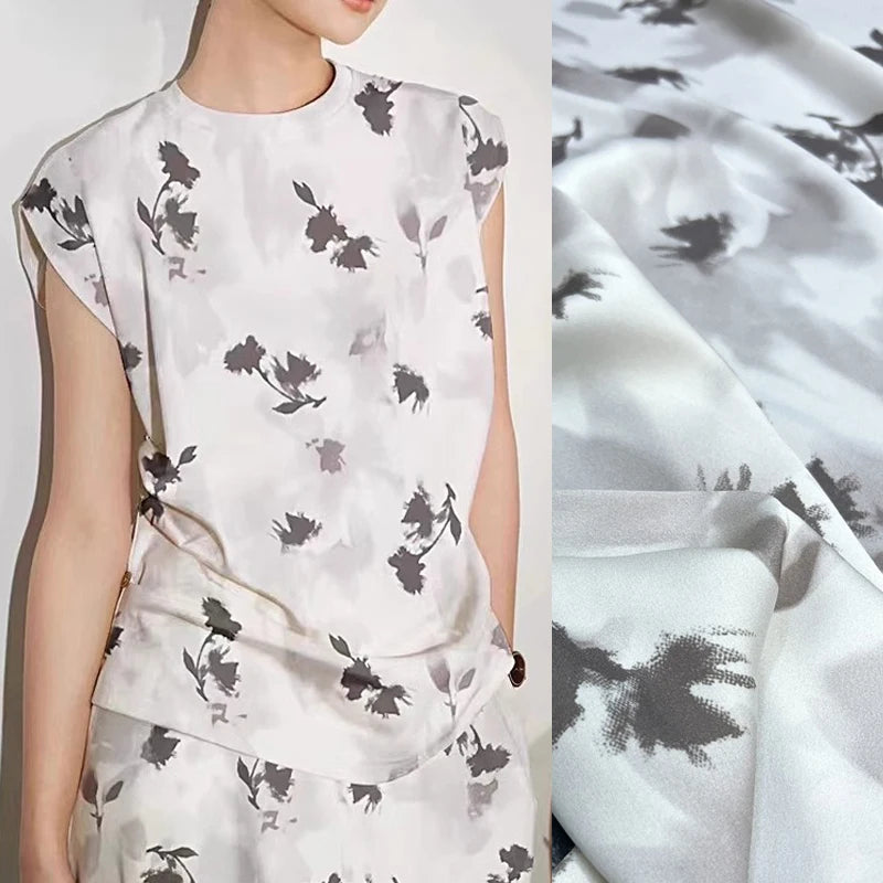 DIY Sewing Material Soft Comfortable Cheongsam Dressmaking Blouse Silk Fabric with Gray Print,55'' Wide 19MM Thickness Stretch Summer Silk Fabric by Yard R400