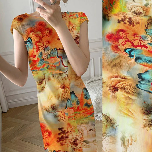 120CM Wide 19MM Print 93% Silk 7% Spandex Stretch Champagne Color Silk Satin Fabric for Smooth Blouse Dress Cheongsam,DIY Sewing Material D1143