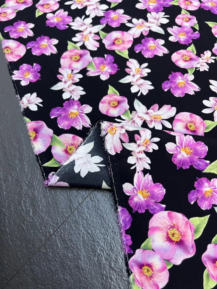 140CM Wide 18MM Silk Crepe de Chine Fabric,Stretch Silk Fabric for Thin Cheongsam Pants Dress Purple Floral on Black,DIY Sewing Material D1689