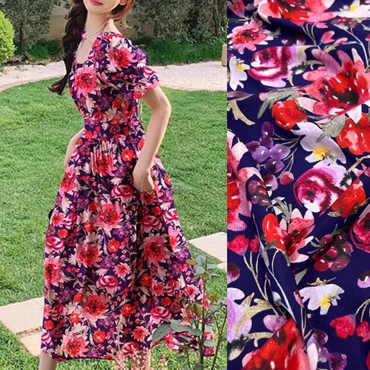 55" Width Silk Spandex Fabric Red Floral Printed Blue Thin Silk Crepe de Chine Fabric by The Yard for Sewing Clothes Dress DIY Crafts Sewing D1300 D1297