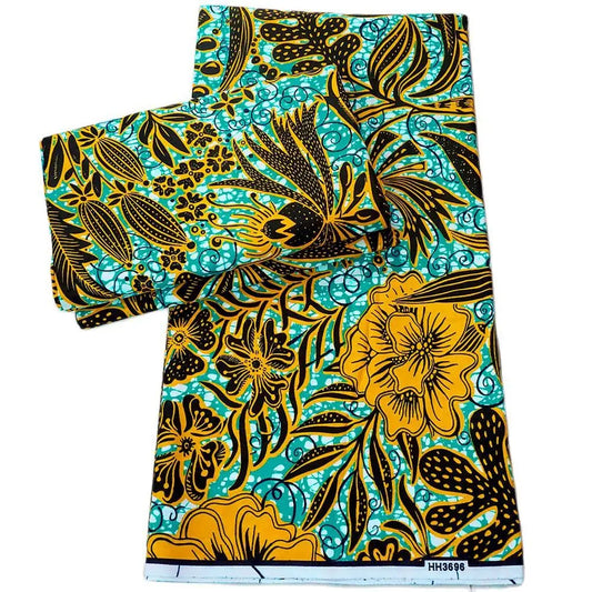 Yellow Black Floral on Blue Green Print African Style Wax Fabric Cushion Clothing Batik Cotton Fabric 115CM Wide 24*24Yarns DIY Sewing Material R782