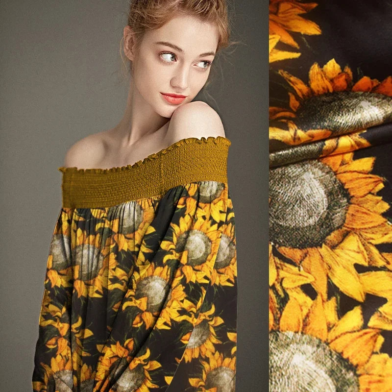Yellow Sunflower Print 95% Silk & 5% Lycra Strech Silk Satin Fabric for Blouse Dress Clothing Cheongsam 105CM Wide 91G/M,DIY Sewing Material C007