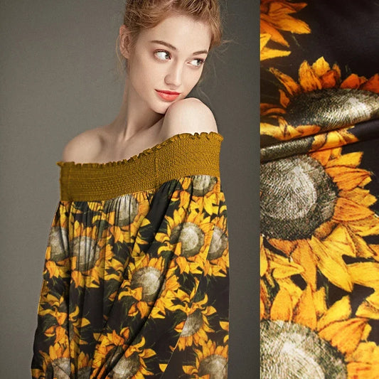 Yellow Sunflower Print 95% Silk & 5% Lycra Strech Silk Satin Fabric for Blouse Dress Clothing Cheongsam 105CM Wide 91G/M,DIY Sewing Material C007
