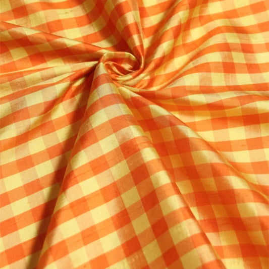 43.3'' Wide 20MM Orange Yellow Check Printed Silk Dupion Fabric for DIY Sewing Jacket Dress Coat R1877