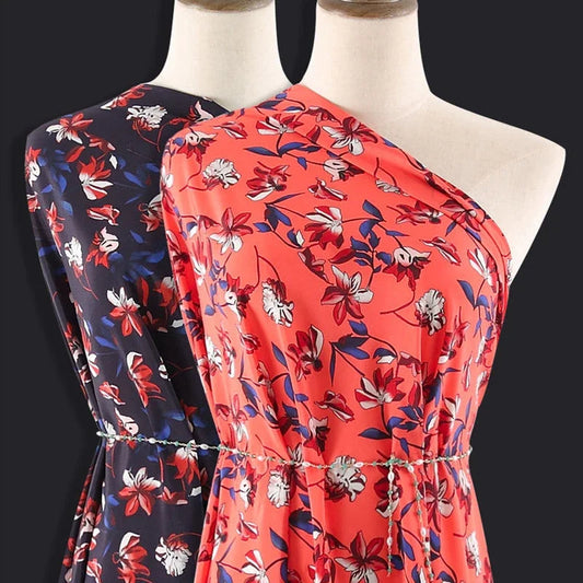 55'' Wide 16MM Floral Print Red Blue Silk Crepe de Chine Fabric for Summer Thin Dress Shirt Clothes Cheongsam DIY Sewing Material Y028