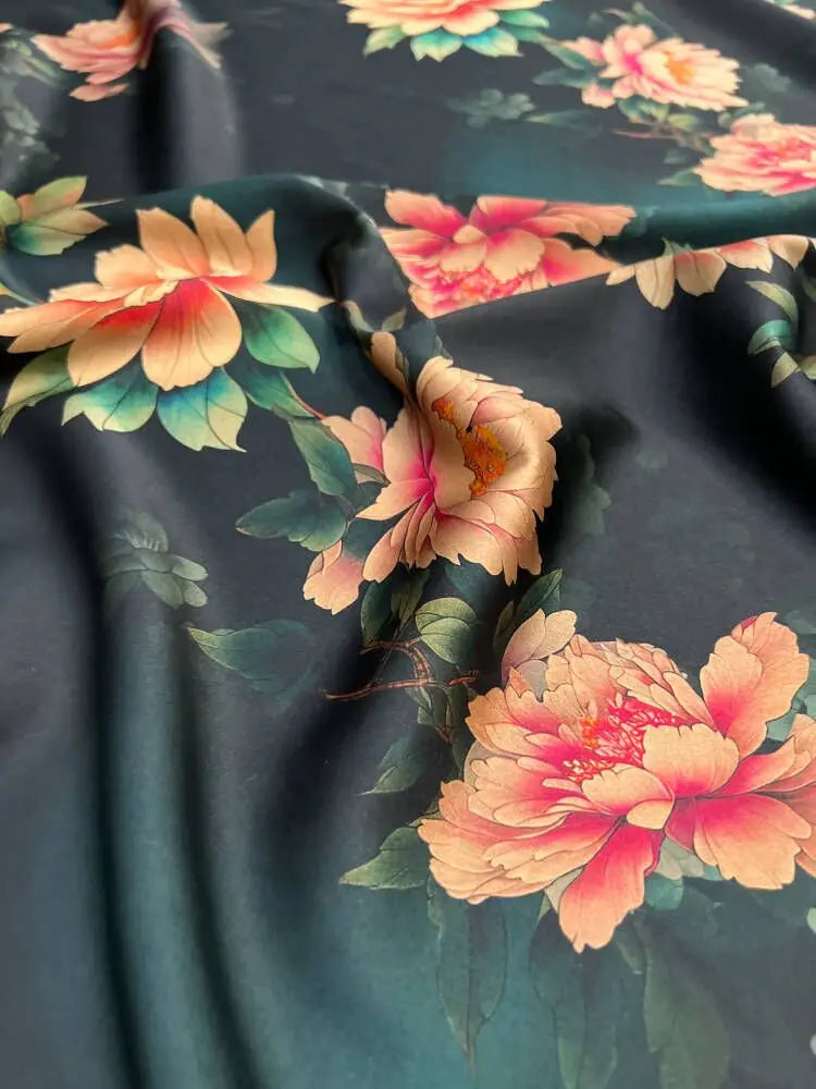 Orange Floral Printed on Black 47'' Wide 25MM Gambiered Gauze Silk Fabric Design for Cheongsam Horse Face Skrit Dress Summer DIY Sewing Material by Yard E1593