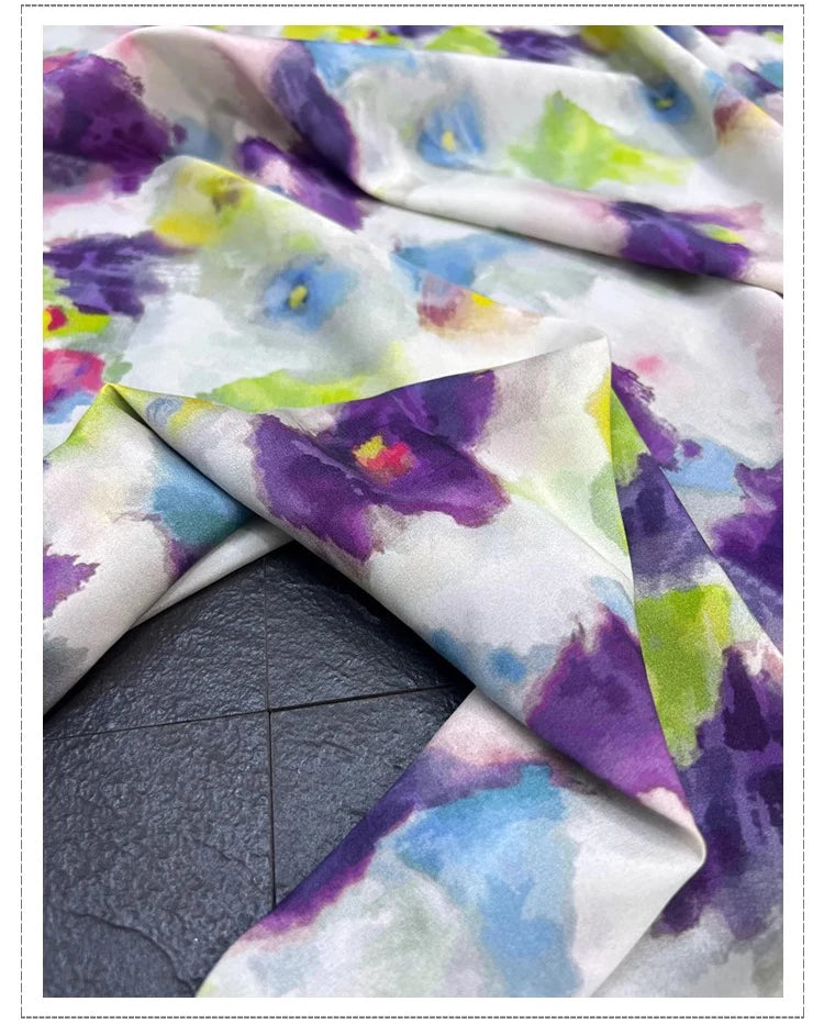 18m/m Spandex Mulberry Silk Crepe de Chine Fabric for Sewing Comfortable Dresses,Pajamas,Clothing,Pants or DIY Crafts Material 55" Wide Sold by 1 Meter 1 Yard(Purple Floral Print on White) D1320