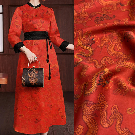 47'' Wide 25MM Thick Gambiered Gauze Silk Fabric with Golden Dragon on Red Printed Design for Cheongsam Horse Face Skrit Dress DIY Sewing Material by YardE1568