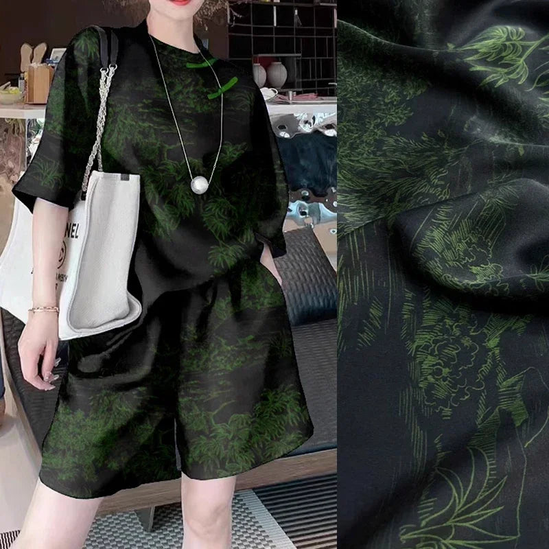 Trees Print Black Green Stretch Silk Fabric - Wide 47'' - Ideal for Dress & Cheongsam - High-Quality 25MM Heavy Silk Fabric Sewing Material D1261