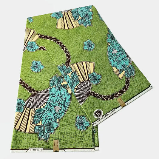 115CM Wide,Water Blue Fans Green African Wax Fabric,100% Cotton Batik Material for DIY Summer Spring Clothing Curtains Sofa R934