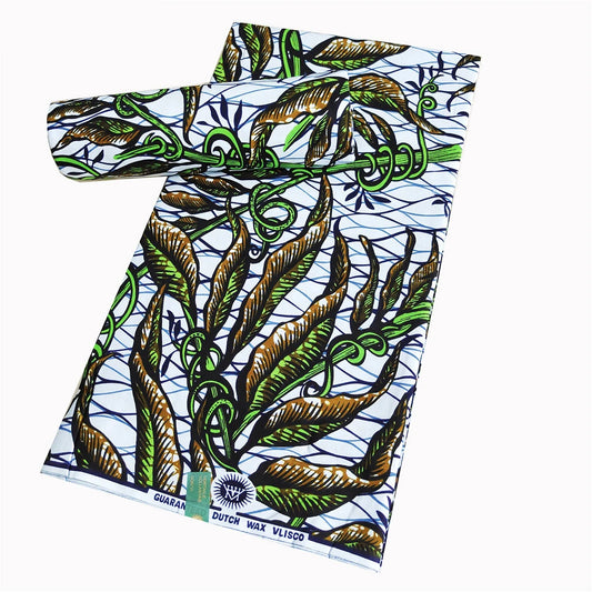 Green Plants Printed on White African Wax Fabric,Summer Spring Cotton Batik Material for DIY Sewing Jacket Pants Clothing R909