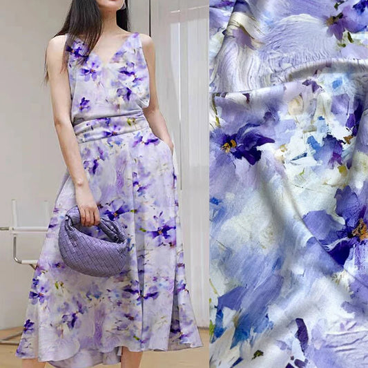 55'' Wide-19MM Thickness-Purple Floral Printed Silk Fabric Material by Yard for DIY Sewing Summer Pants Blouse Dress-Stretch Silk Fabric D1601